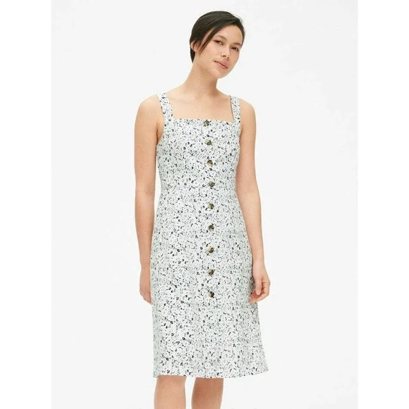 Gap White Grey Black Floral Linen Bib Front Button Down Dress w Pockets 16 Tall - Picture 1 of 9